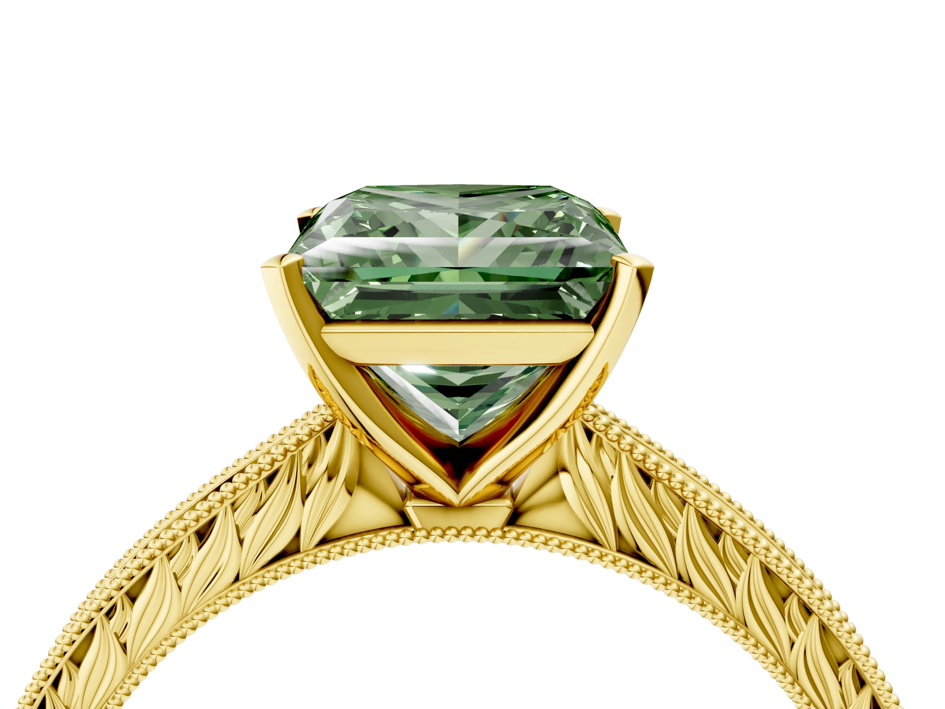 Yellow gold Fancy Green Princess Cut Solitaire Milgrain Engraved Band with Four-Prong Setting_4