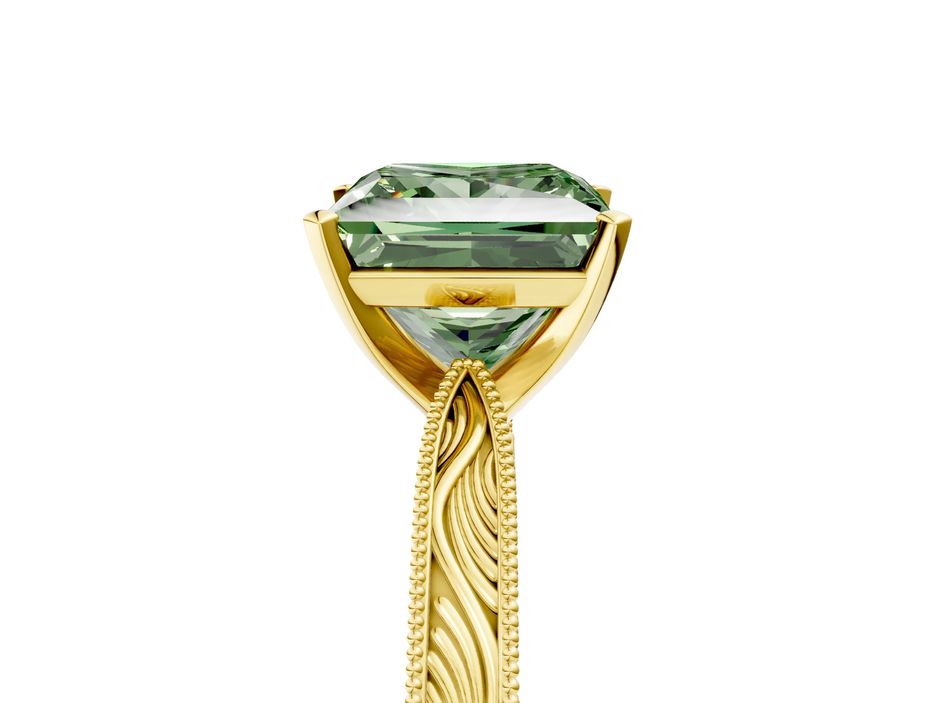 Yellow gold Fancy Green Princess Cut Solitaire Milgrain Engraved Band with Four-Prong Setting_5