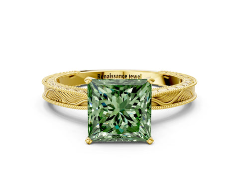 Yellow gold Fancy Green Princess Cut Solitaire Milgrain Engraved Band with Four-Prong Setting