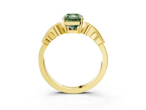 Yellow gold Fancy Green Princess Cut Solitaire Milgrain Leaf Band with Prong Setting_3