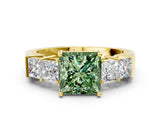 Yellow gold Fancy Green Princess Cut Solitaire Princess Side Stone Engraved Band Prong Setting Ring