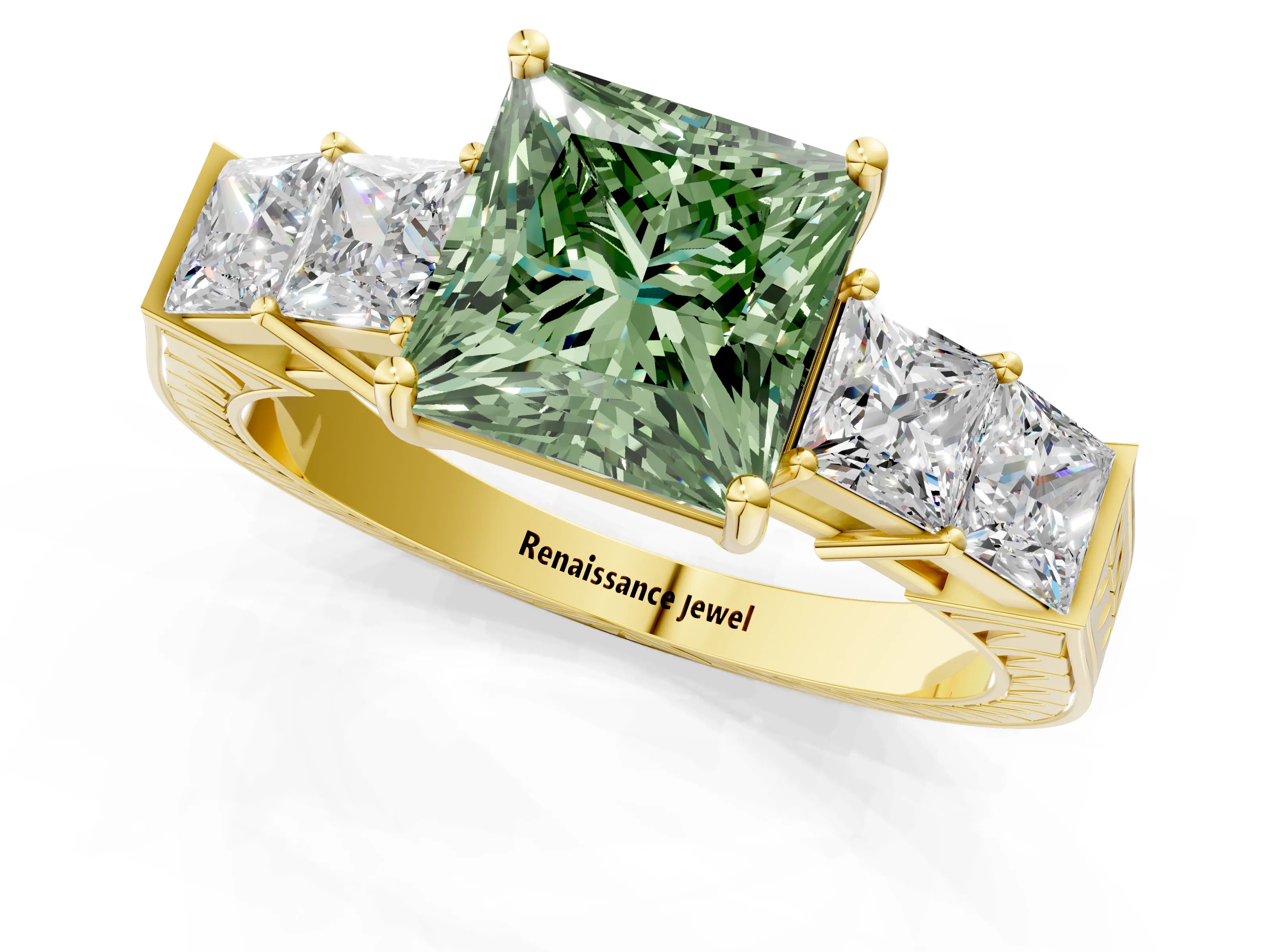 Yellow gold Fancy Green Princess Cut Solitaire Princess Side Stone Engraved Band Prong Setting Ring_1