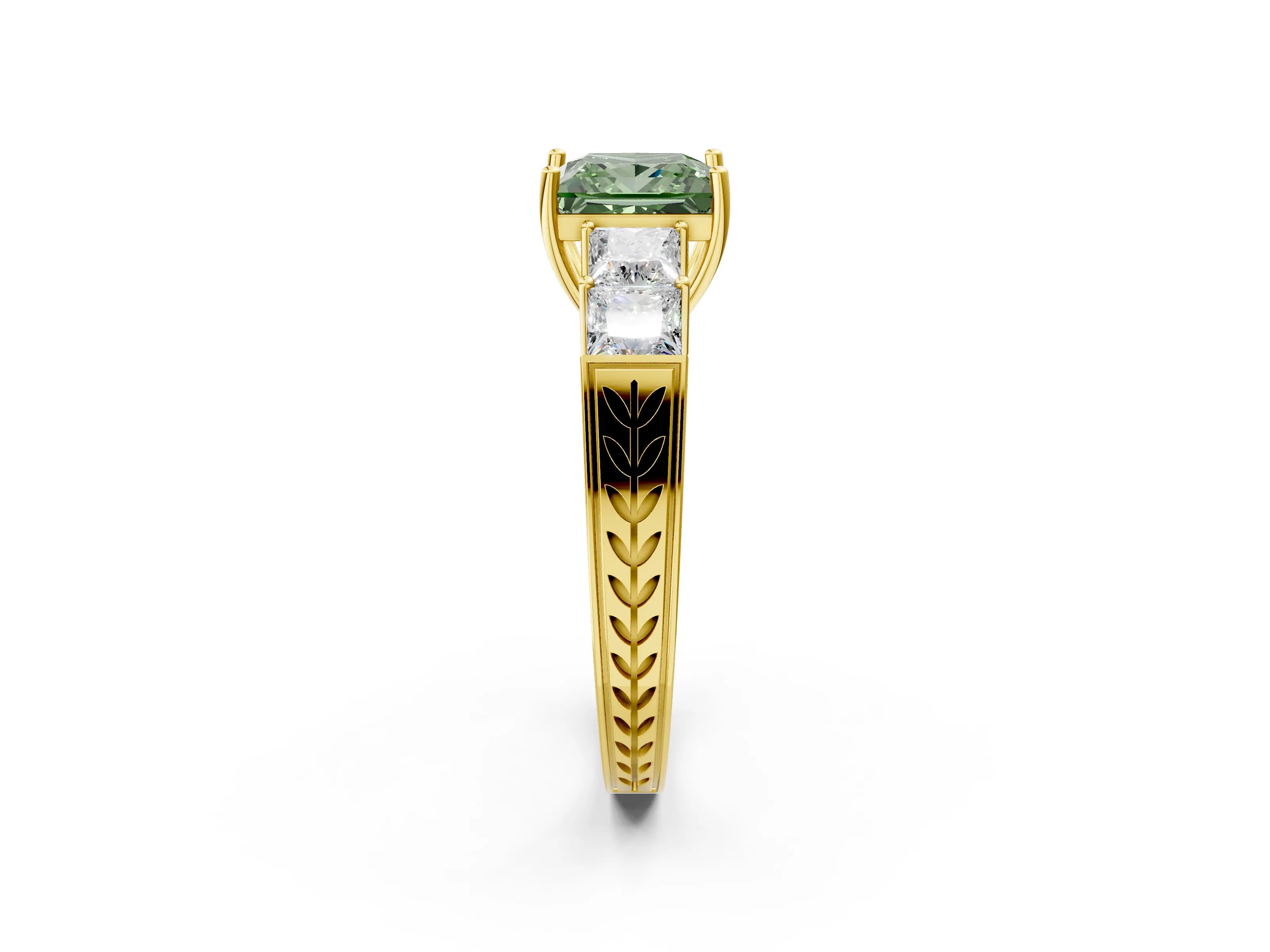 Yellow gold Fancy Green Princess Cut Solitaire Princess Side Stone Engraved Band Prong Setting Ring_2