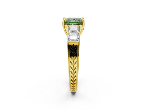 Yellow gold Fancy Green Princess Cut Solitaire Princess Side Stone Engraved Band Prong Setting Ring_2