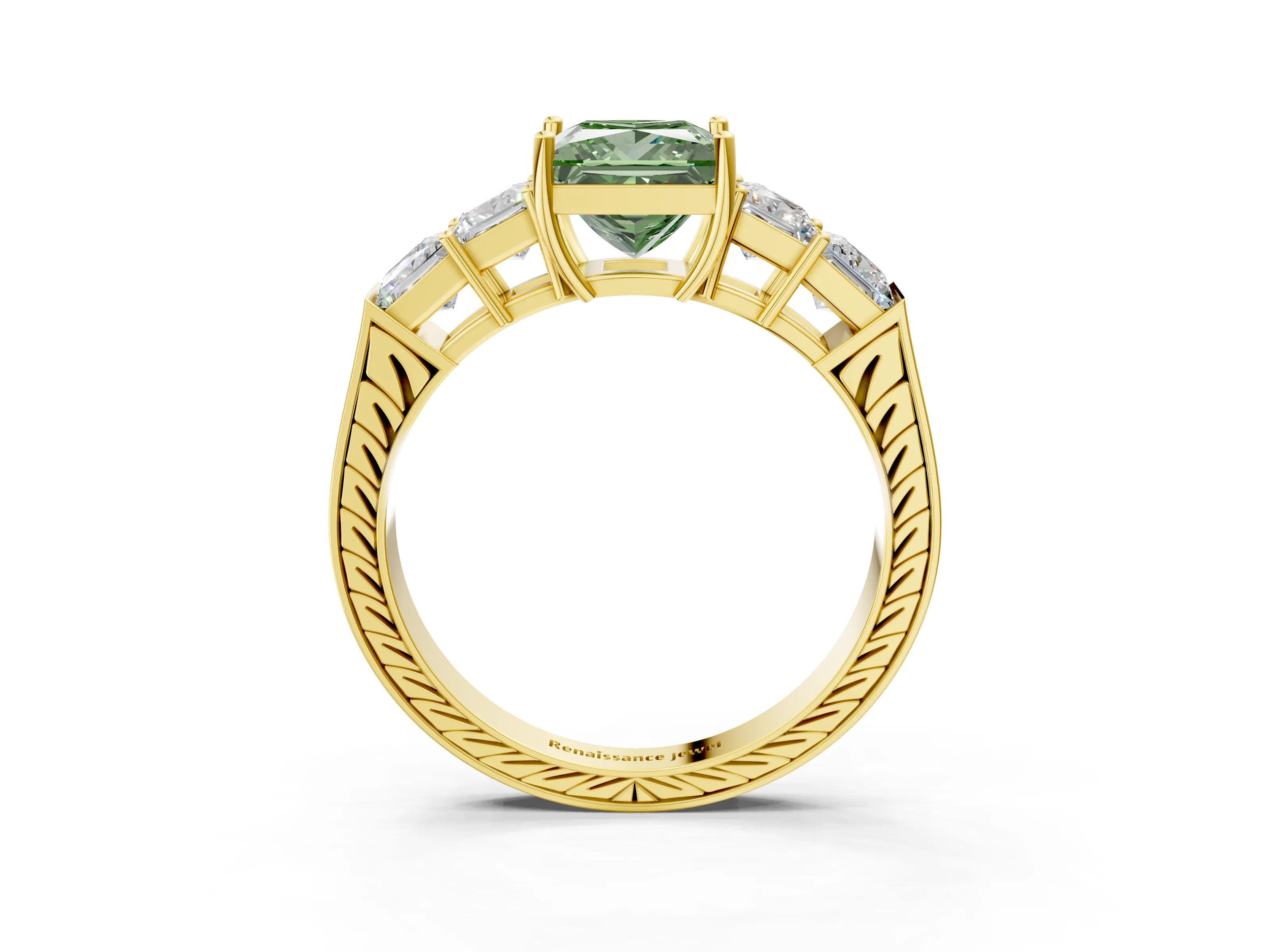 Yellow gold Fancy Green Princess Cut Solitaire Princess Side Stone Engraved Band Prong Setting Ring_3