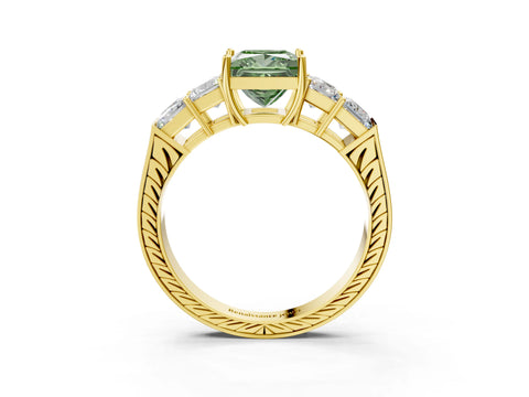 Yellow gold Fancy Green Princess Cut Solitaire Princess Side Stone Engraved Band Prong Setting Ring_3