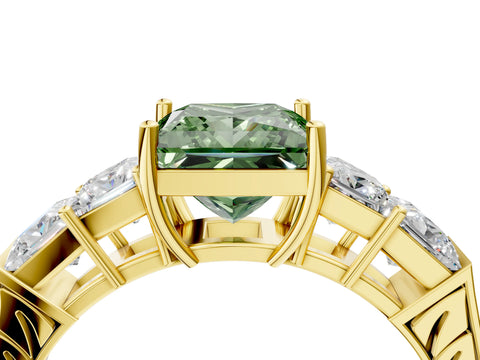 Yellow gold Fancy Green Princess Cut Solitaire Princess Side Stone Engraved Band Prong Setting Ring_4