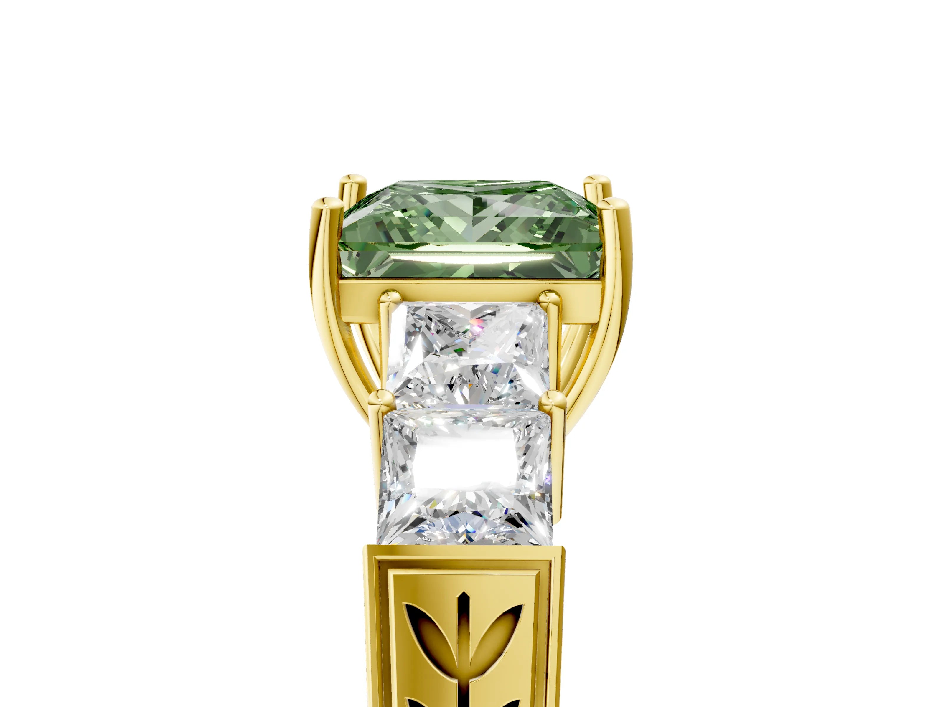 Yellow gold Fancy Green Princess Cut Solitaire Princess Side Stone Engraved Band Prong Setting Ring_5