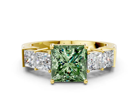 Yellow gold Fancy Green Princess Cut Solitaire Princess Side Stone Engraved Band Prong Setting Ring