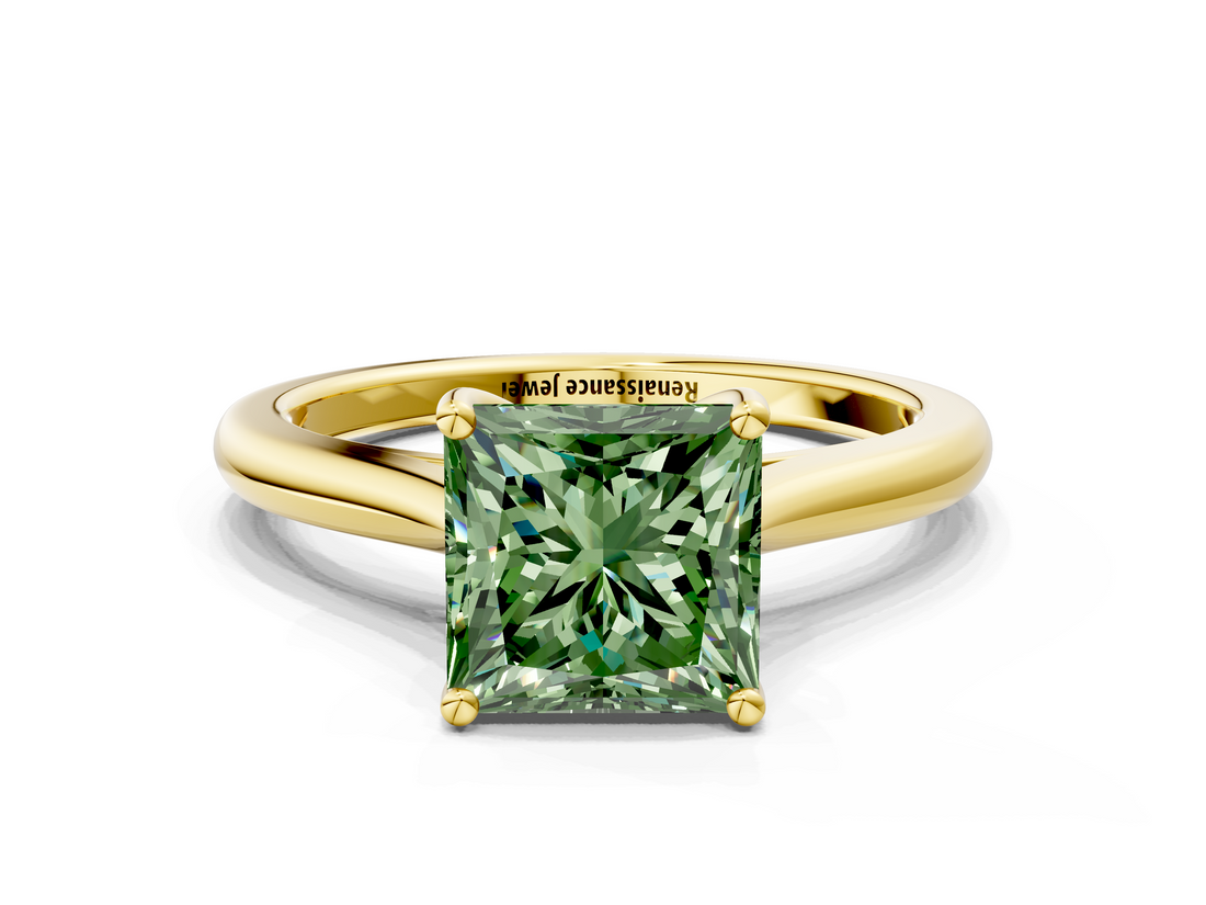 Yellow gold Fancy Green Princess  Cut Solitaire Ring with Cathedral Band and Four-Prong Setting