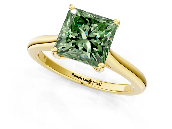 Yellow gold Fancy Green Princess  Cut Solitaire Ring with Cathedral Band and Four-Prong Setting
