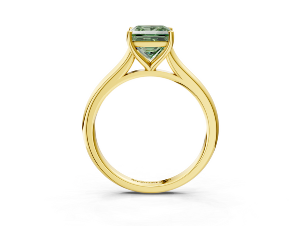 Yellow gold Fancy Green Princess  Cut Solitaire Ring with Cathedral Band and Four-Prong Setting