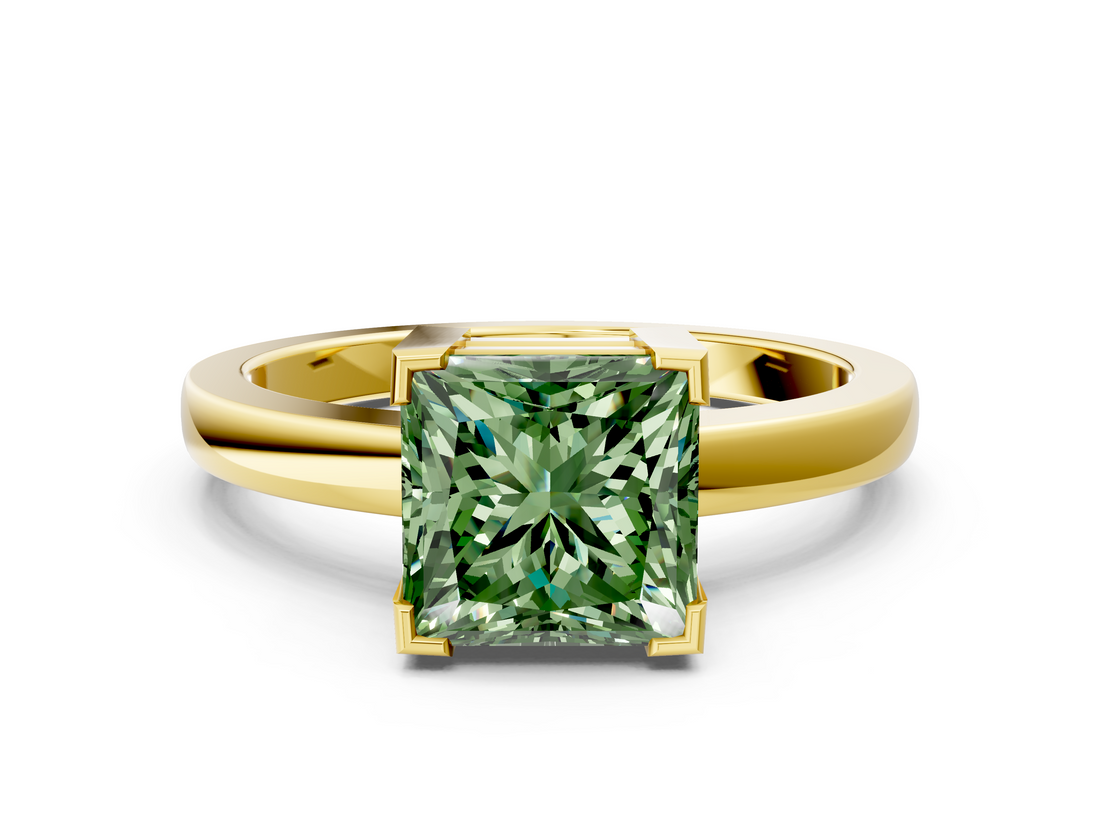 Yellow gold Fancy Green Princess  Cut Solitaire Ring with Four-Prong Setting and Classic Band