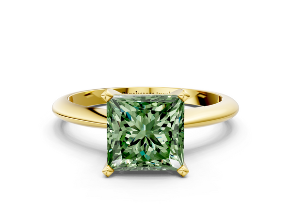 Yellow gold Fancy Green Princess  Cut Solitaire Ring with Four-Prong Setting on a Classic Band