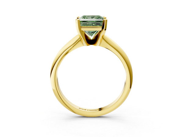 Yellow gold Fancy Green Princess  Cut Solitaire Ring with Four-Prong Setting on a Classic Band