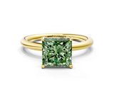 Yellow gold Fancy Green Princess  Cut Solitaire Ring with Thin Band and Four-Prong Setting