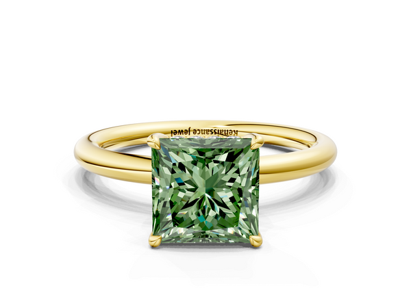 Yellow gold Fancy Green Princess Cut Diamond Solitaire Ring with Thin Band and Four-Prong Setting