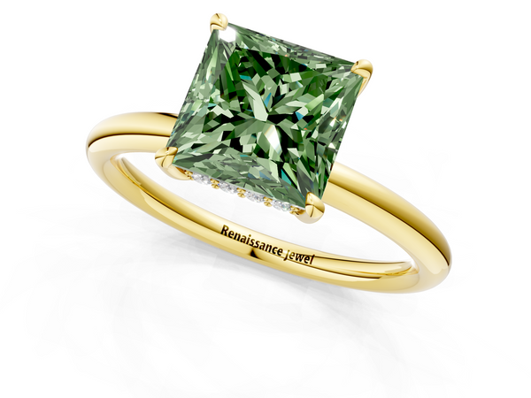 Yellow gold Fancy Green Princess Cut Diamond Solitaire Ring with Thin Band and Four-Prong Setting