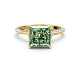 Yellow gold Fancy Green Princess Cut Solitaire Split Shank Pave Diamond Engagement Ring with Four-Prong Setting