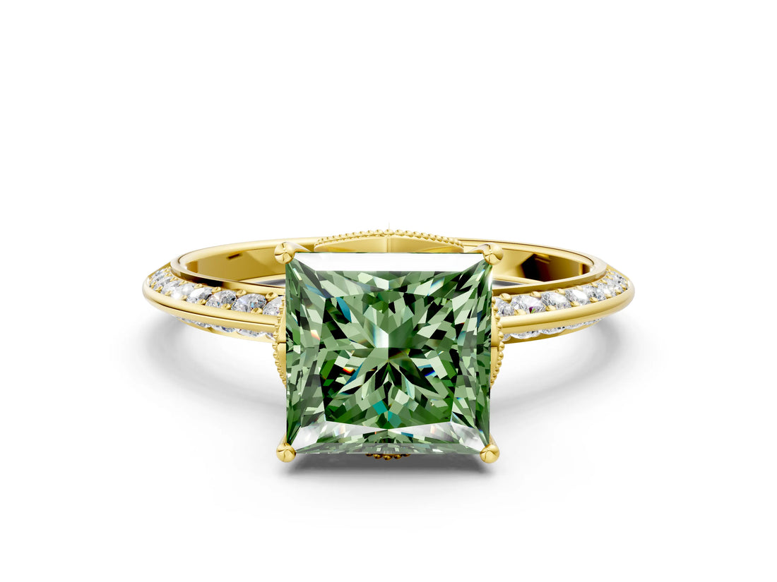 Yellow gold Fancy Green Princess Cut Solitaire Split Shank Pave Diamond Engagement Ring with Four-Prong Setting_24