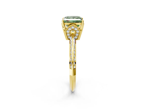 Yellow Gold Princess Cut Graduated Pave Engagement Ring Setting for Fancy Green Center