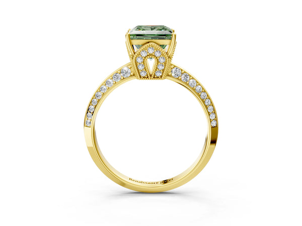 Yellow Gold Princess Cut Graduated Pave Engagement Ring Setting for Fancy Green Center