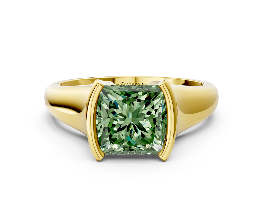 Yellow gold Fancy Green Princess Cut Solitaire Tension Set Diamond Ring with Split Shank Band