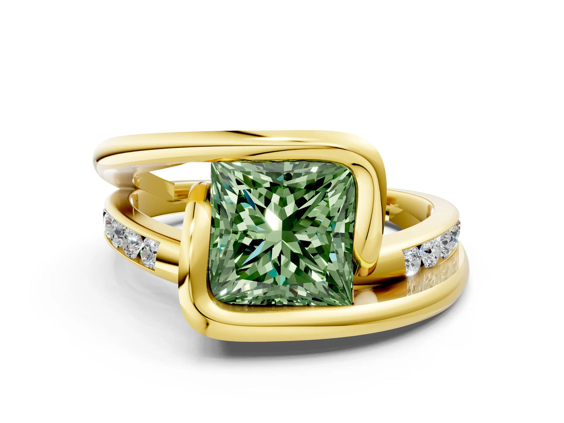 Yellow gold Fancy Green Princess Cut Solitaire Tension-Set Diamond Split Shank Ring