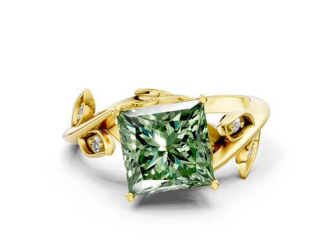 Yellow gold Fancy Green Princess Cut Solitaire Twist Engagement Ring with Leaf Accents and Prong Setting_12