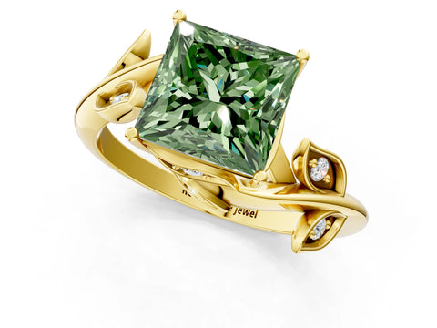 Yellow gold Fancy Green Princess Cut Solitaire Twist Engagement Ring with Leaf Accents and Prong Setting_13