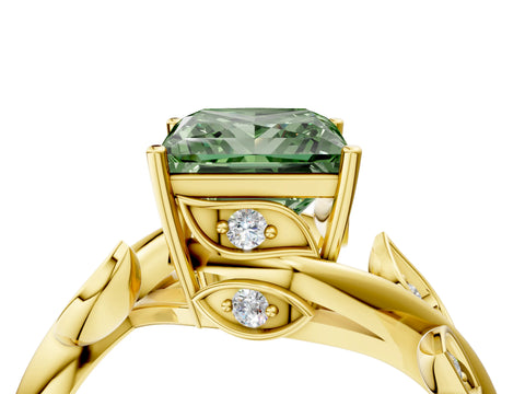 Yellow gold Fancy Green Princess Cut Solitaire Twist Engagement Ring with Leaf Accents and Prong Setting_16
