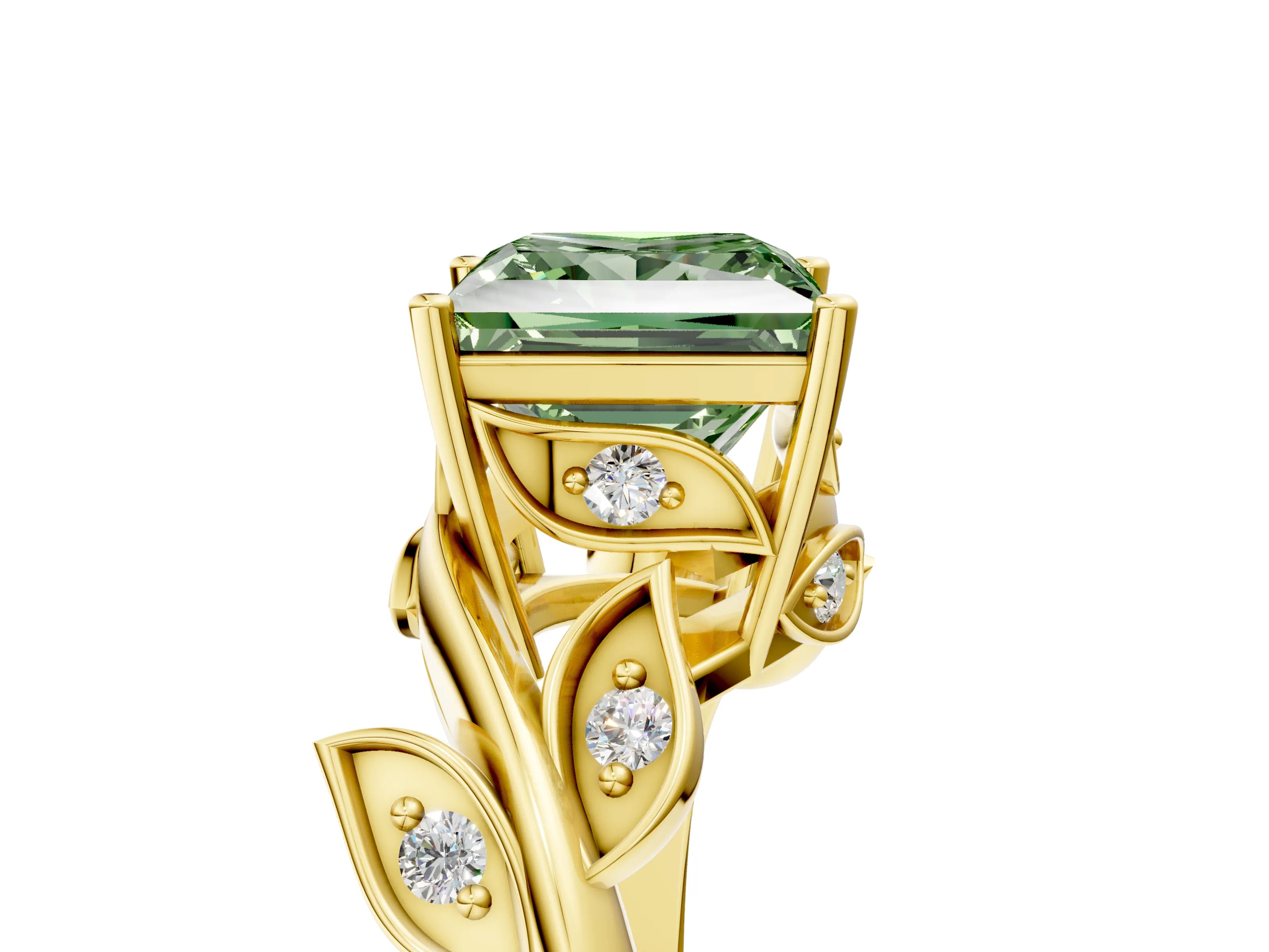 Yellow gold Fancy Green Princess Cut Solitaire Twist Engagement Ring with Leaf Accents and Prong Setting_17