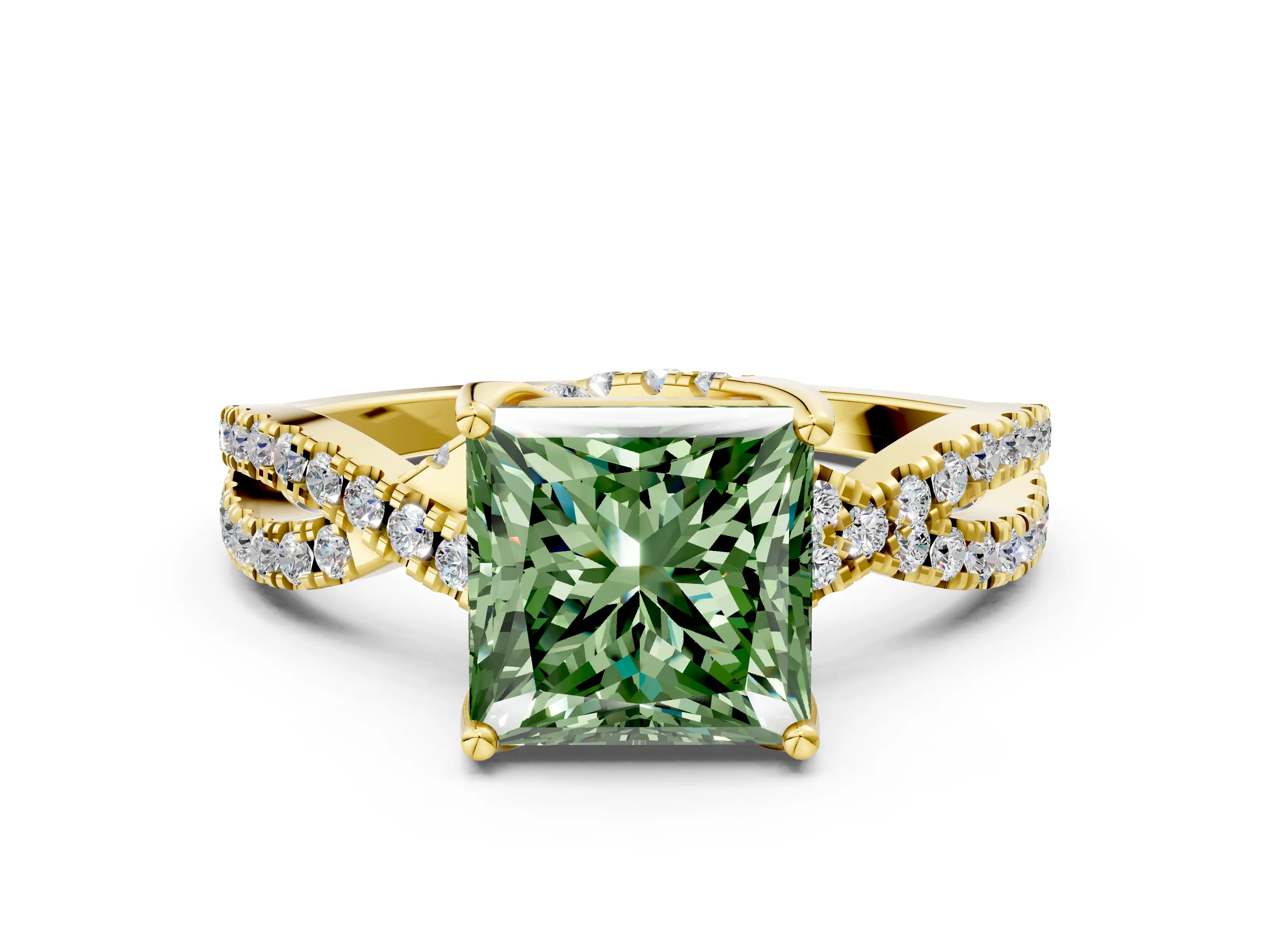 Yellow gold Fancy Green Princess Cut Solitaire Twist Pave Diamond Engagement Ring with Prong Setting