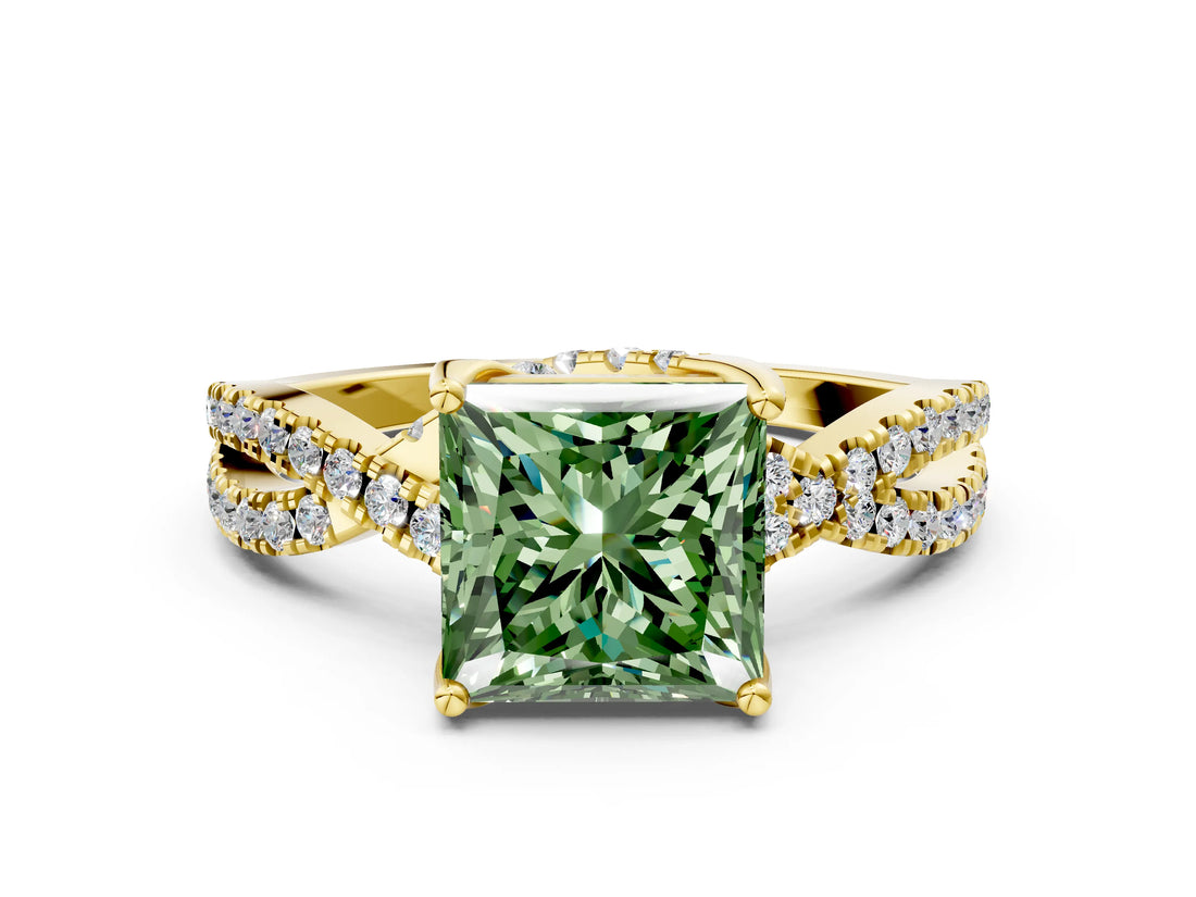 Yellow gold Fancy Green Princess Cut Solitaire Twist Pave Diamond Engagement Ring with Prong Setting