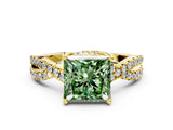 Yellow gold Fancy Green Princess Cut Solitaire Twist Pave Diamond Engagement Ring with Prong Setting