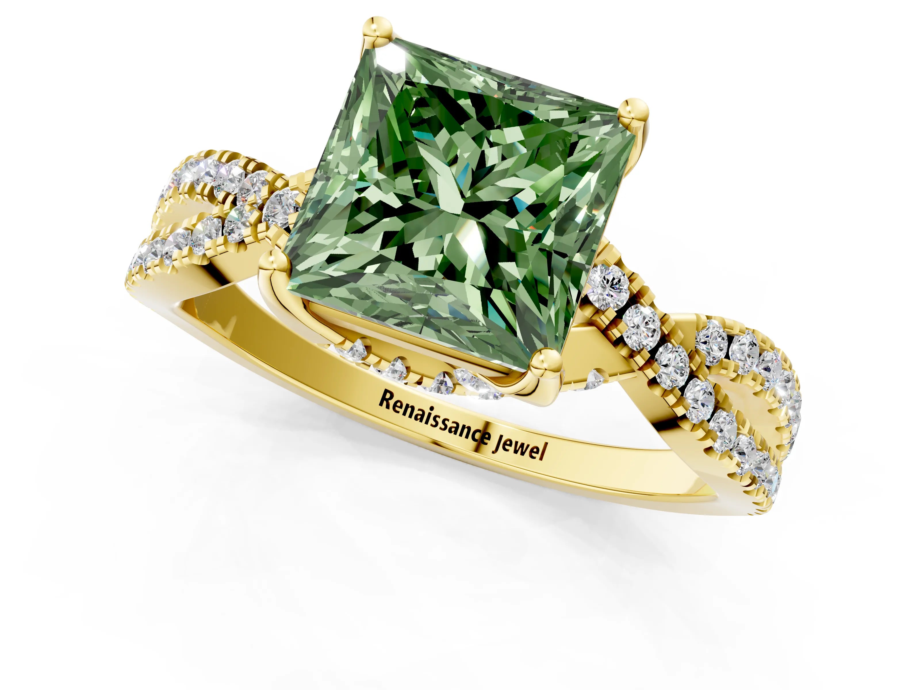 Yellow gold Fancy Green Princess Cut Solitaire Twist Pave Diamond Engagement Ring with Prong Setting_1