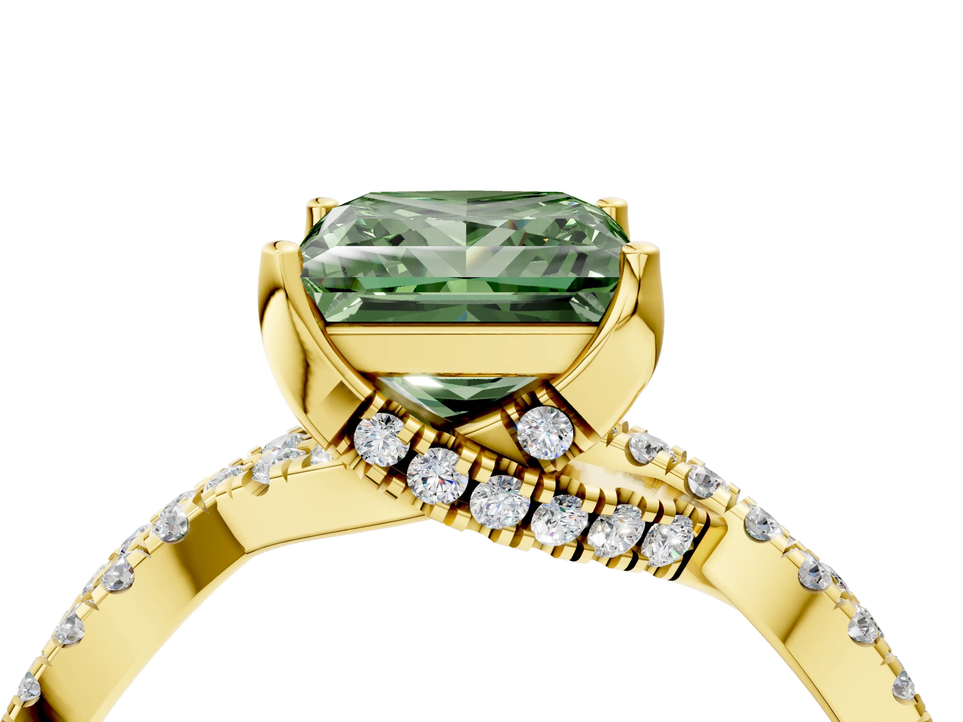Yellow gold Fancy Green Princess Cut Solitaire Twist Pave Diamond Engagement Ring with Prong Setting_4