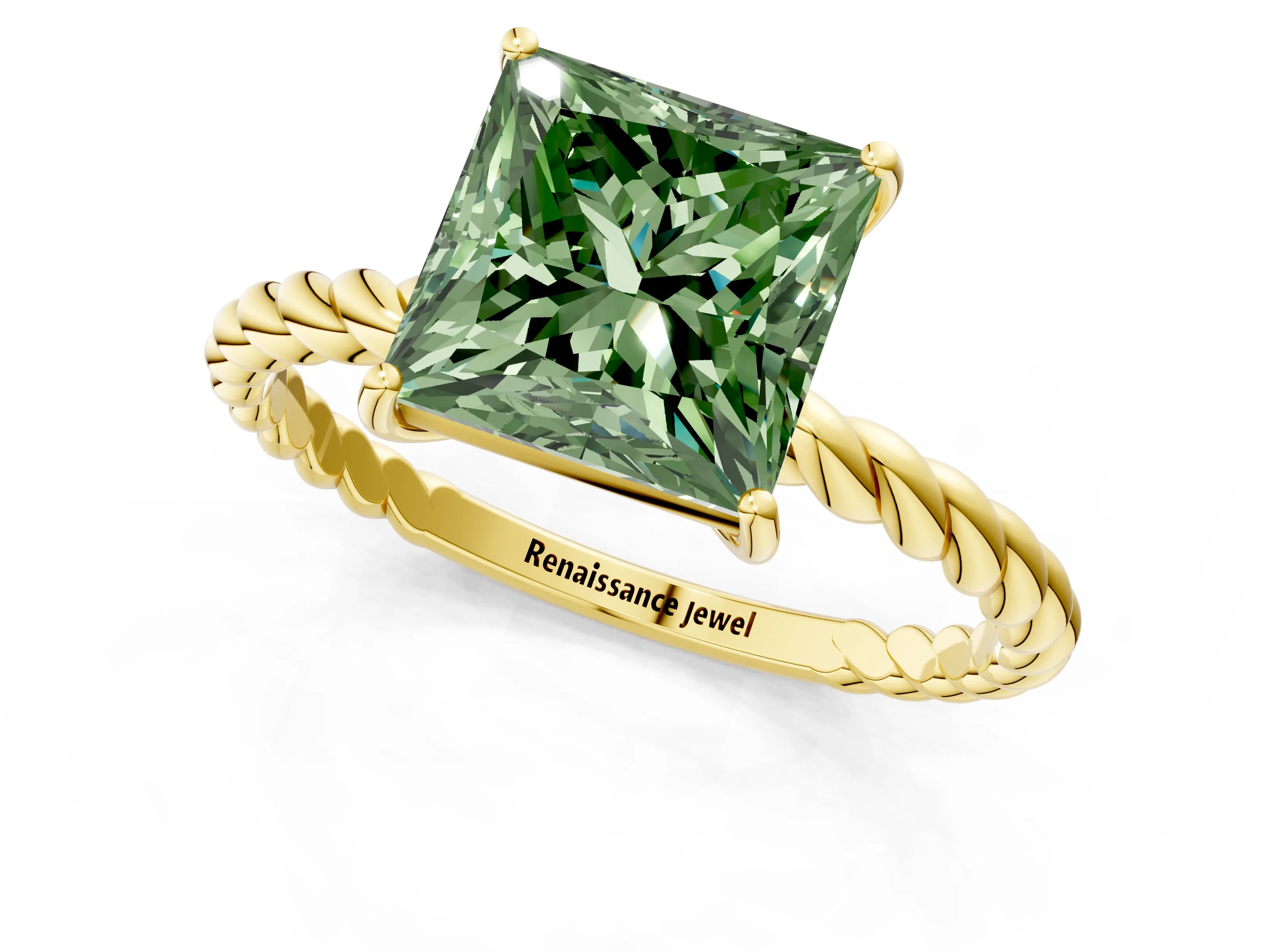 Yellow gold Fancy Green Princess Cut Solitaire Twisted Band 4-Prong Ring_1