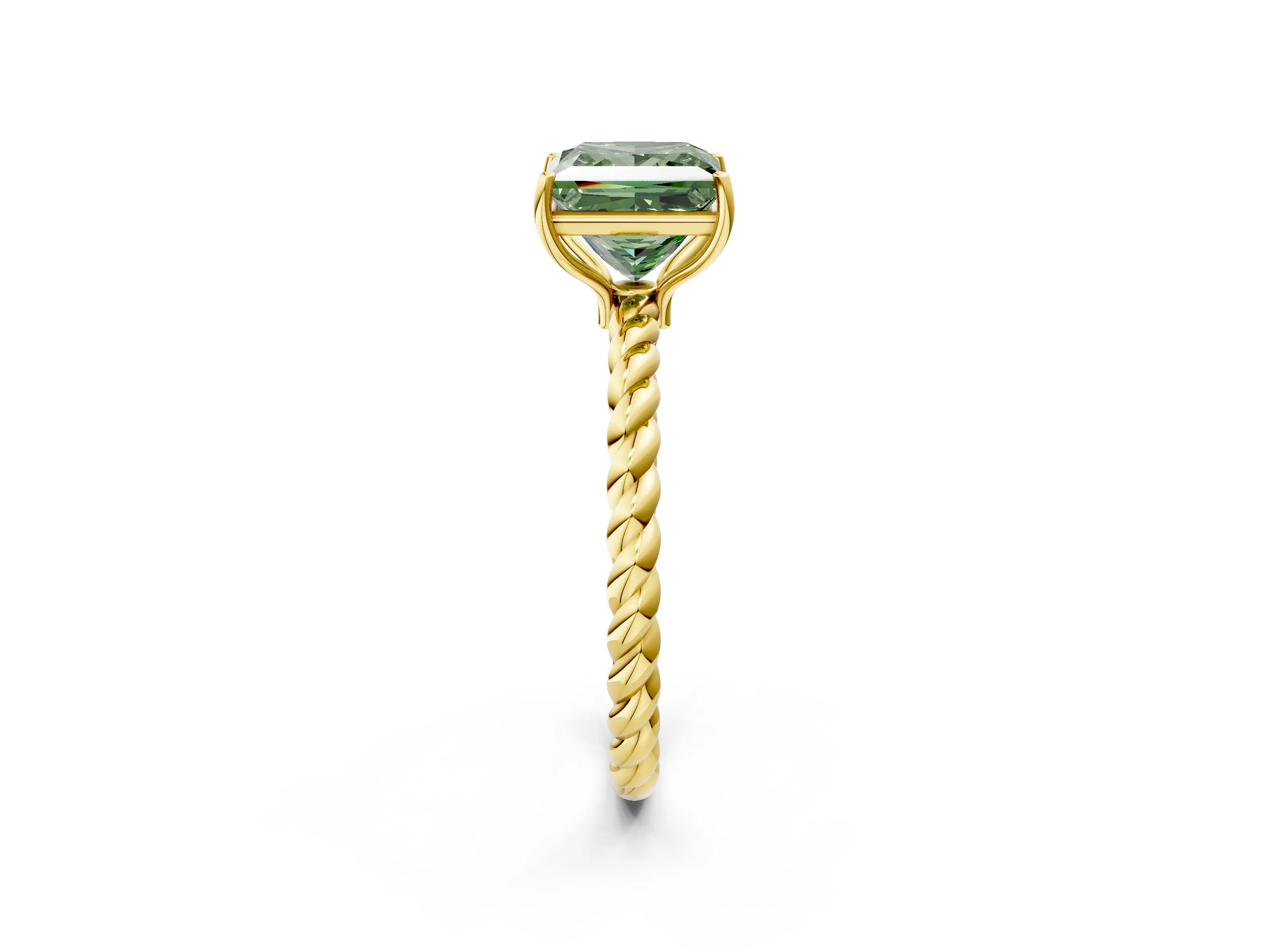 Yellow gold Fancy Green Princess Cut Solitaire Twisted Band 4-Prong Ring_2