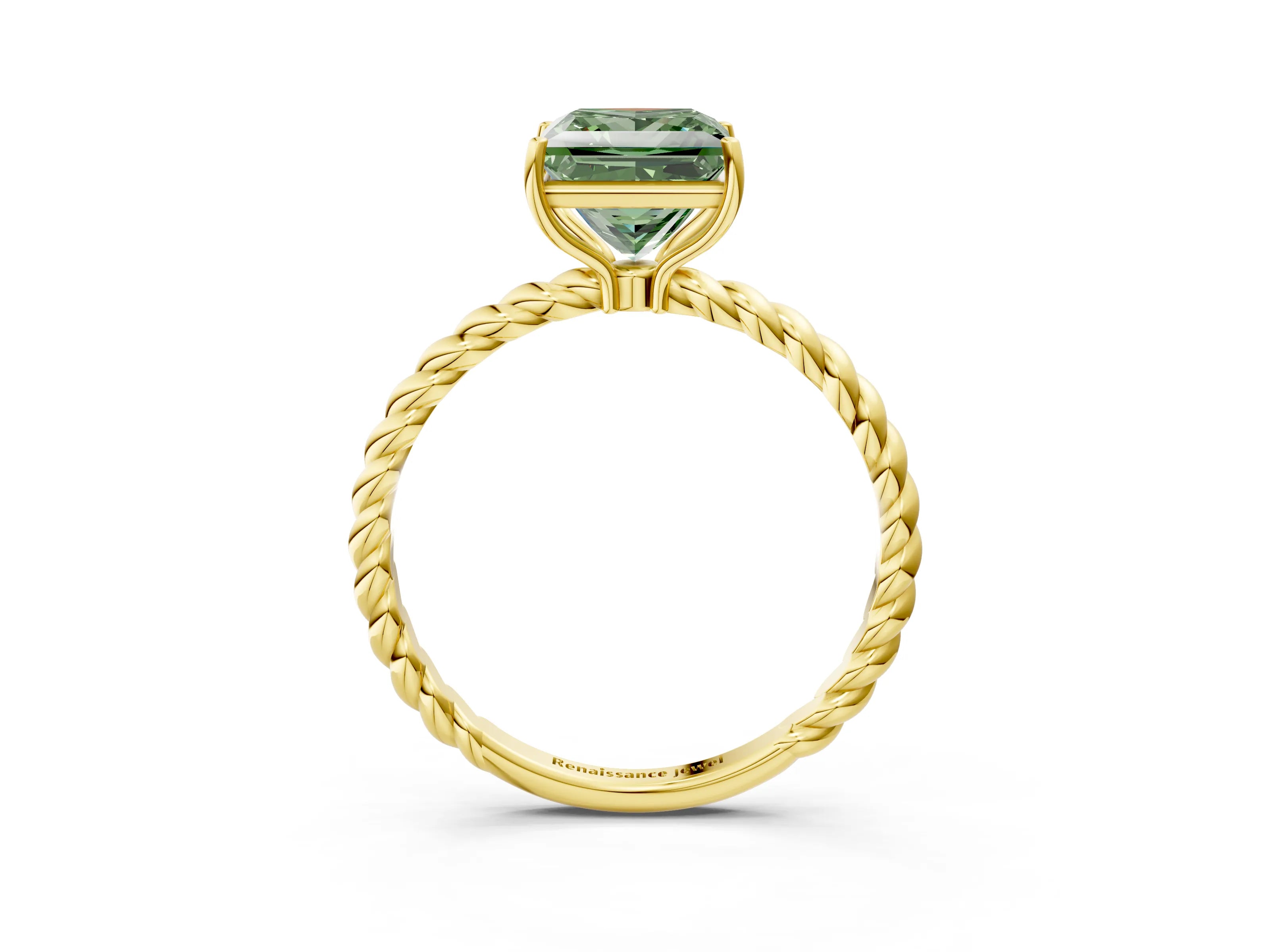 Yellow gold Fancy Green Princess Cut Solitaire Twisted Band 4-Prong Ring_3