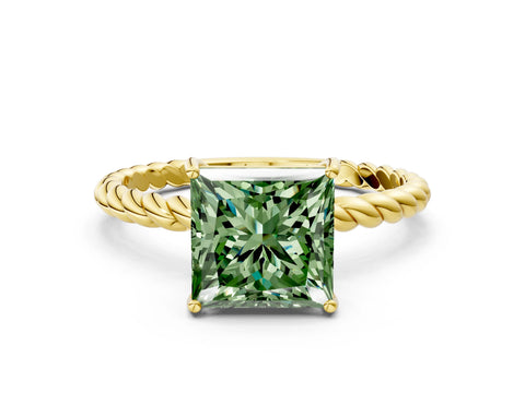Yellow gold Fancy Green Princess Cut Solitaire Twisted Band 4-Prong Ring