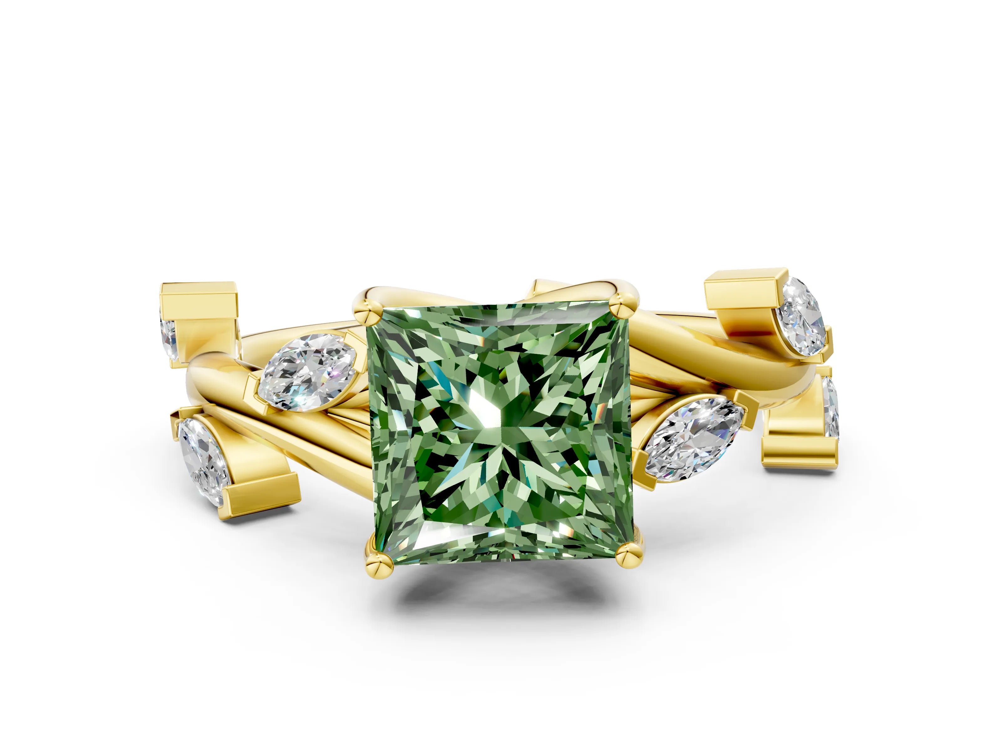 Yellow gold Fancy Green Princess Cut Solitaire Twisted Band Marquise Accent Prong Setting Ring