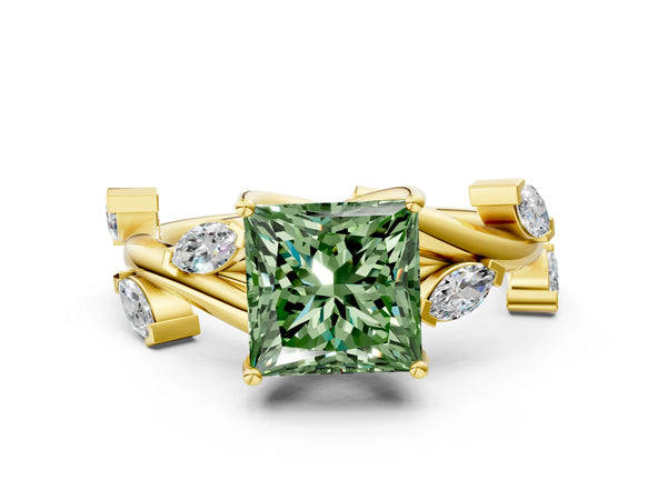 Yellow gold Fancy Green Princess Cut Solitaire Twisted Band Marquise Accent Prong Setting Ring