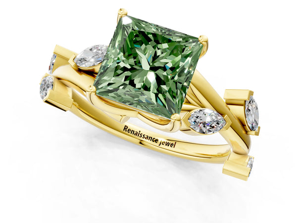 Yellow gold Fancy Green Princess Cut Solitaire Twisted Band Marquise Accent Prong Setting Ring