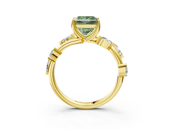 Yellow gold Fancy Green Princess Cut Solitaire Twisted Band Marquise Accent Prong Setting Ring