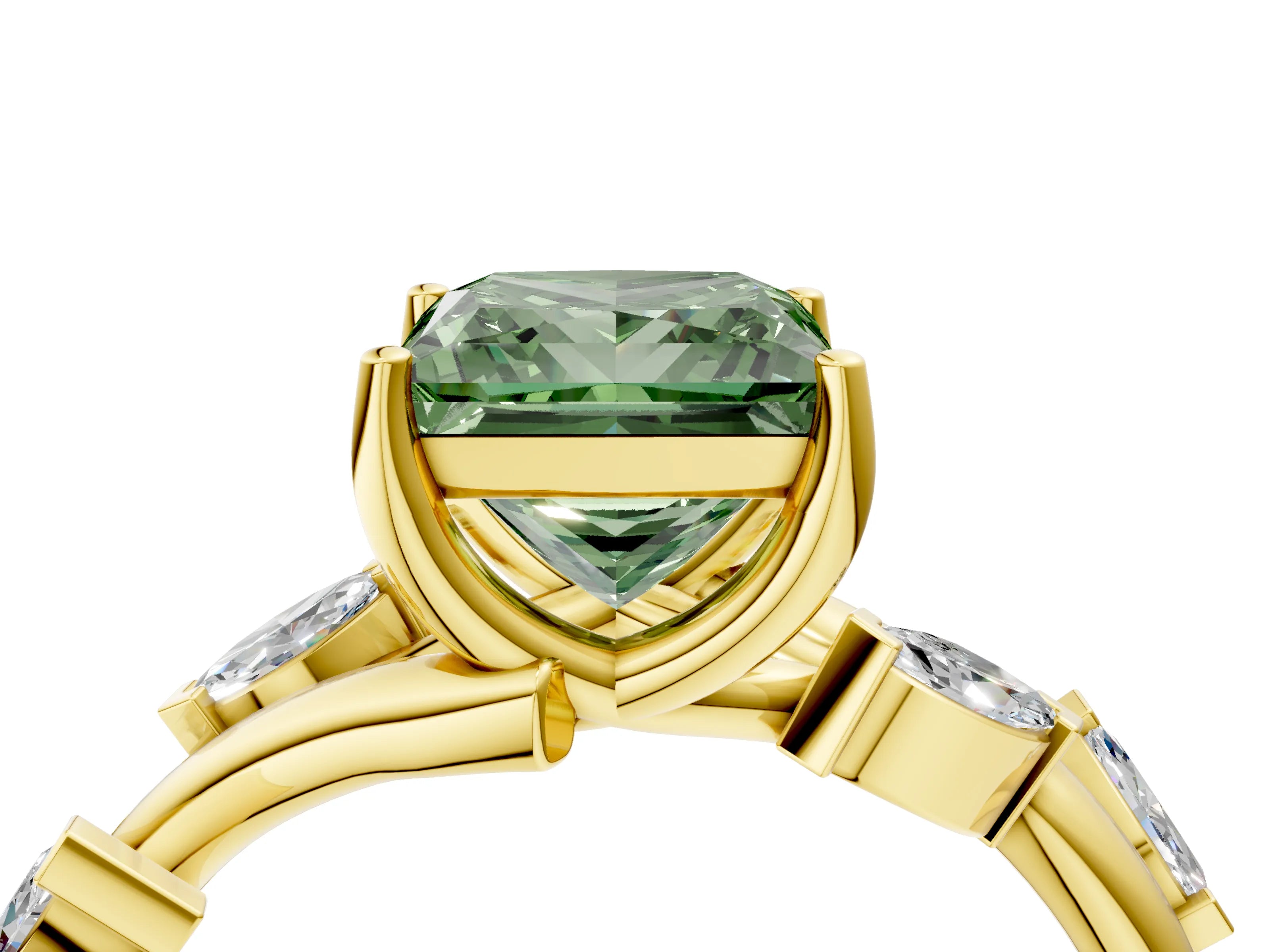 Yellow gold Fancy Green Princess Cut Solitaire Twisted Band Marquise Accent Prong Setting Ring_4