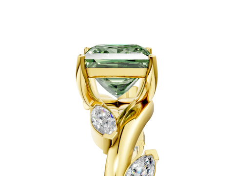 Yellow gold Fancy Green Princess Cut Solitaire Twisted Band Marquise Accent Prong Setting Ring_5