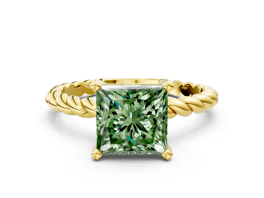 Yellow gold Fancy Green Princess  Cut Solitaire Twisted Band with Four-Prong Setting_29