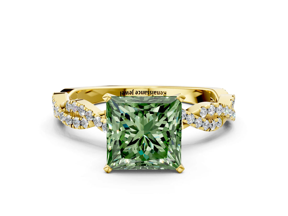 Yellow gold Fancy Green Princess Cut Solitaire Twisted Pave Band with Four-Prong Setting_3