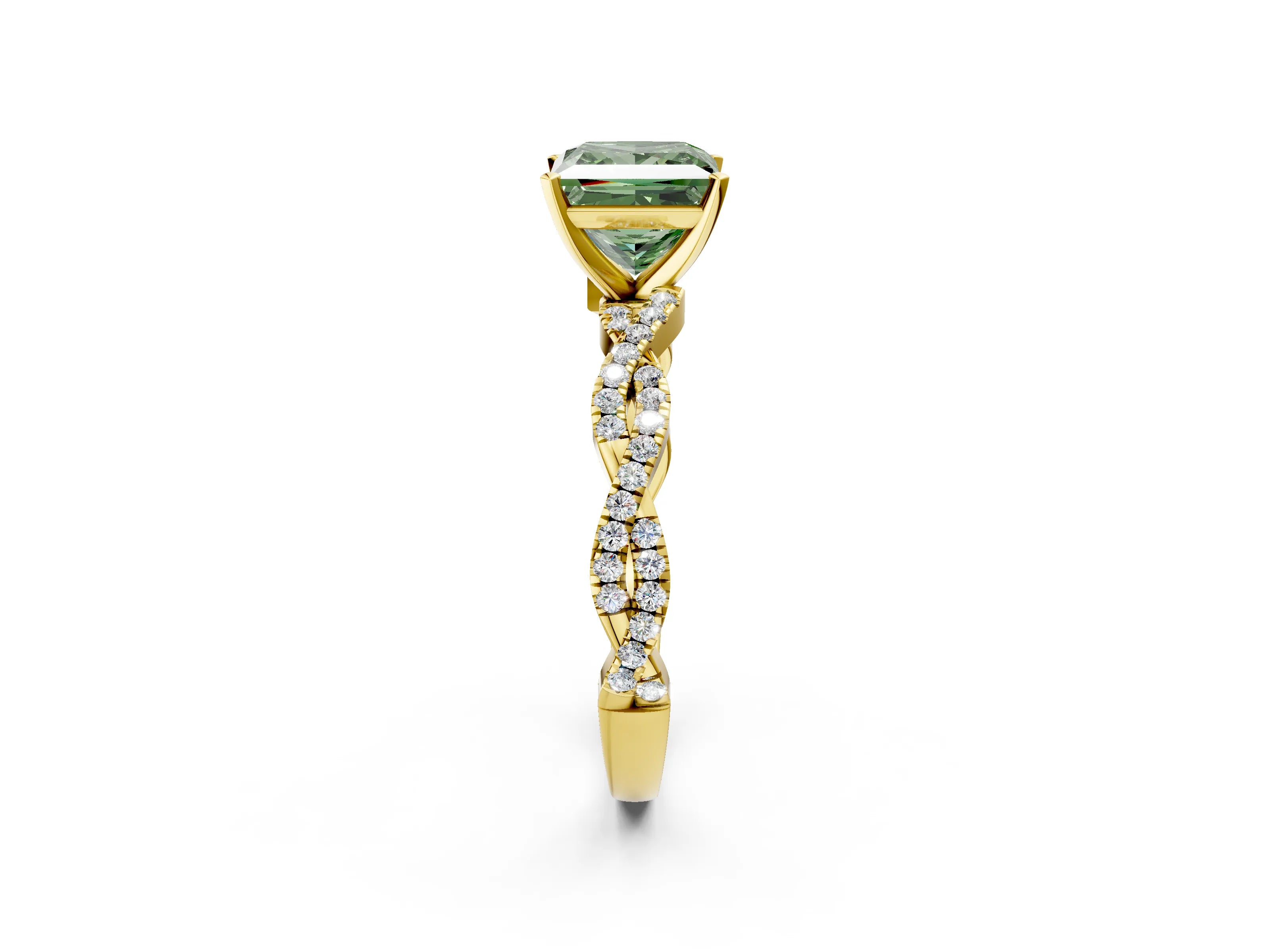 Yellow gold Fancy Green Princess Cut Solitaire Twisted Pave Band with Four-Prong Setting_5